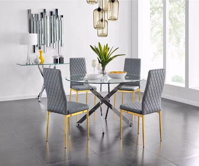 FurnitureboxUK Novara Round Glass Dining Table and Four Milan Chairs with Gold Legs in Grey, White and Black