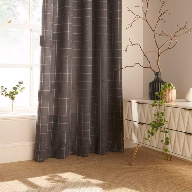 Make It A Home Ellis Check Room Darkening Eyelet Curtain Pair in Grey, W: 137 cm, H: 168 cm
