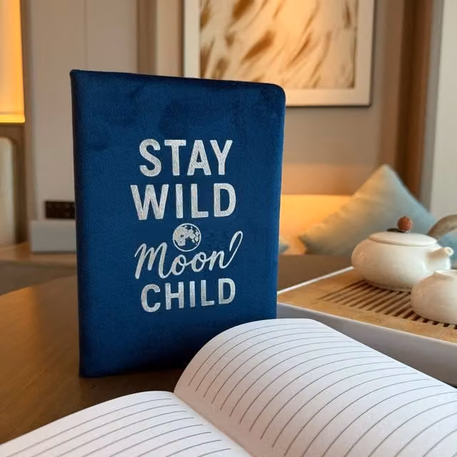 Stay Wild Moon Child Lined Softcover Notebook in Dark Blue Velvet with Silver Details
