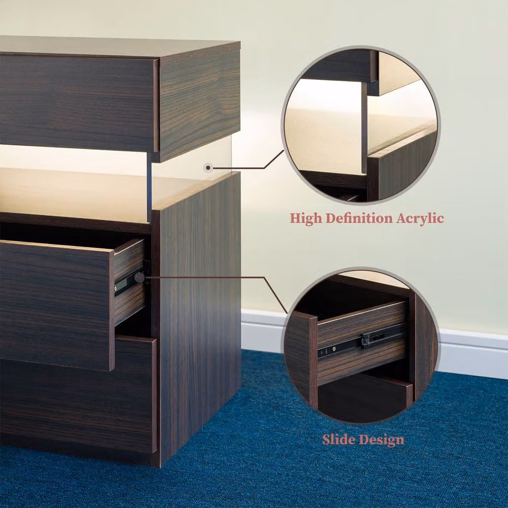 Matteo Modern LED Nightstand with Integrated Lighting and 3 Drawers in Brown Wood Finish – 3
