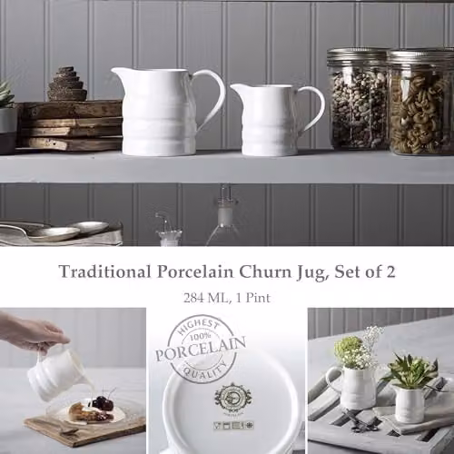 WM Bartleet & Sons Porcelain Traditional Churn Jug Set of 2, White, 284 ml and 1 Pint – 2