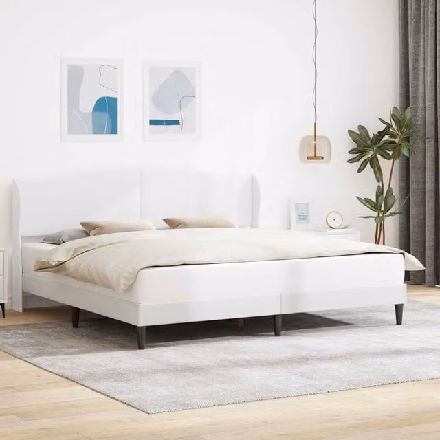 Berkfield Home White Faux Leather Bed Frame with Headboard W/D/H: 180 x 200 cm