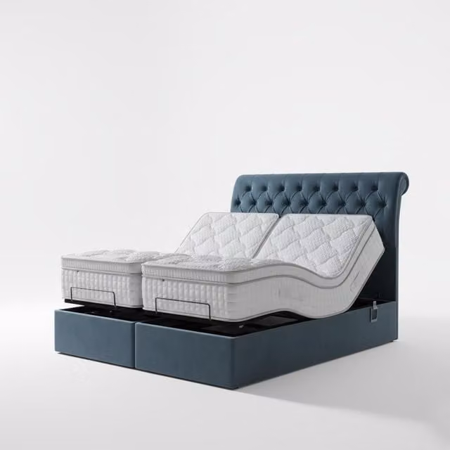 Paradies Blue Velvet Chesterfield Electric Adjustable Button Bed with Matching Headboard, Mattress and Lift Up Base, W/D/H: 200 x 200 cm