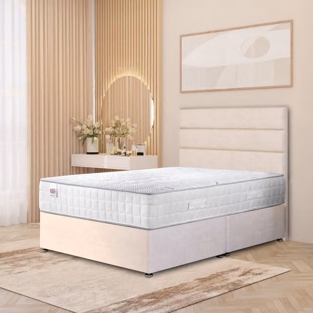 Somnior Beds Ltd Modern Upholstered Fabric Divan Bed with Drawers and Spring Mattress, W/D/H: 120 x 200 cm, Beige/Yellow/White
