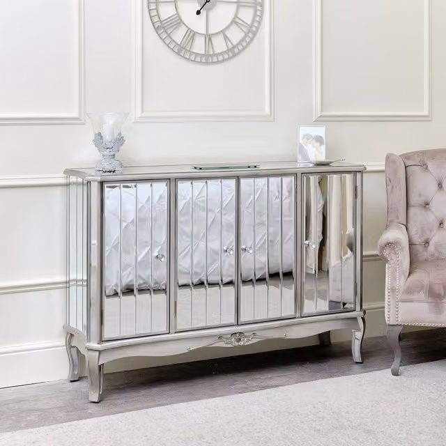 Melody Maison Tiffany Range Large Mirrored Sideboard in Silver