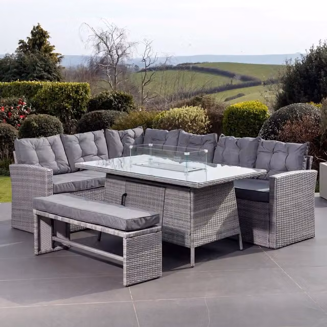 Artemis Home Piana 9 Seat Rattan Corner Sofa with Firepit Table and Bench in Grey
