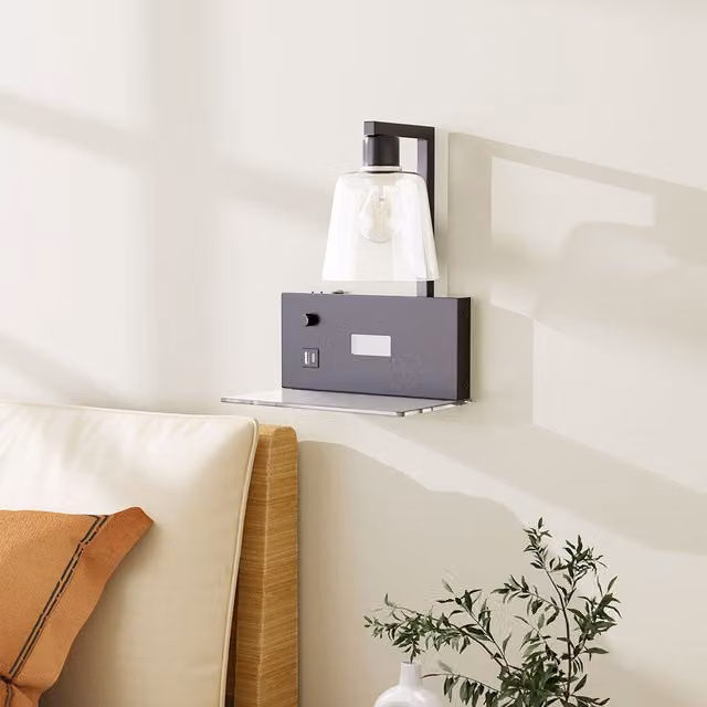 Living Star Minimalist Black Wall Light with Digital Clock and Transparent Glass