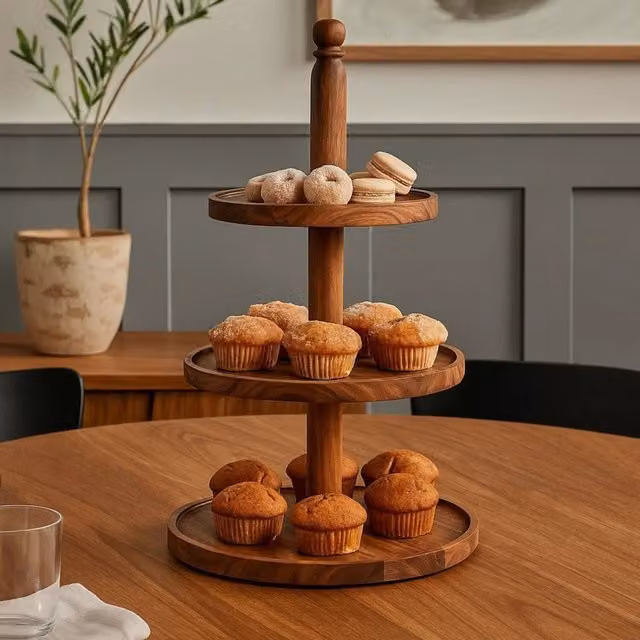 Orsina Kora Solid Sheesham Wood Three Tier Round Cake Stand in Brown