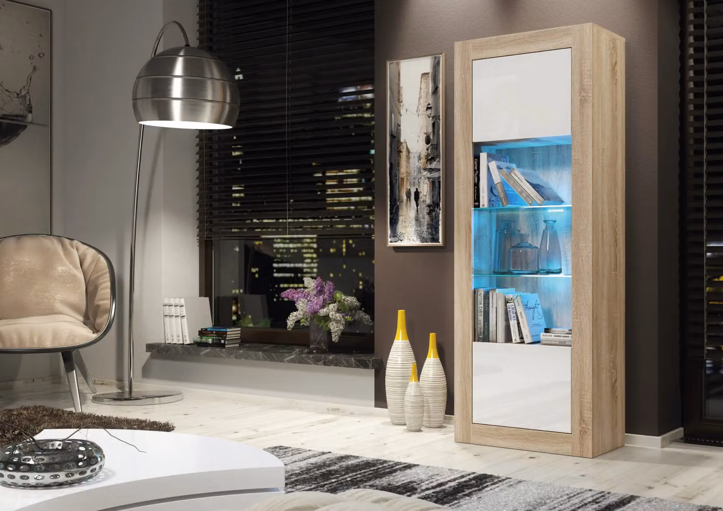 Mex Furniture LTD Modern Display Cabinet with LED Lighting and Glossy Glass Doors in Brown, Height: 170 cm – 3