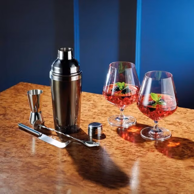 BarCraft Gin Cocktail Gift Set with Stainless Steel Shaker and Glassware in Silver and Yellow