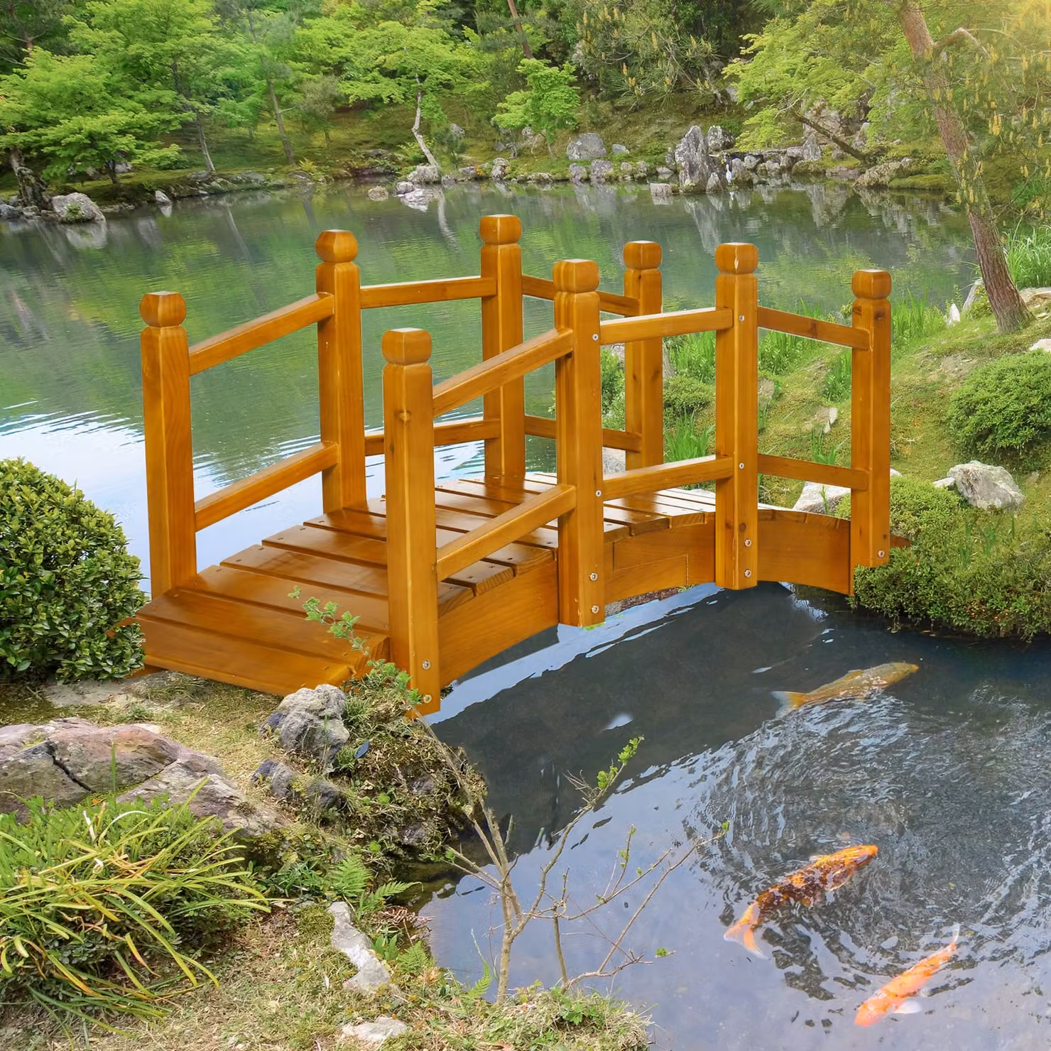 Outsunny Classic Lacquered Wooden Garden Bridge with Safety Railings, Brown – 2