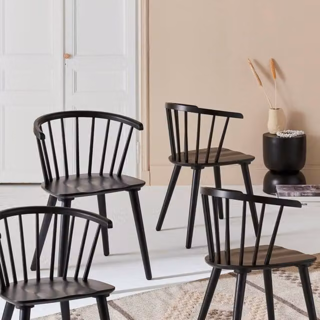 sweeek Set of 4 Black Rubberwood and MDF Dining Chairs with Armrests H: 76 cm, W: 45 cm, D: 53 cm