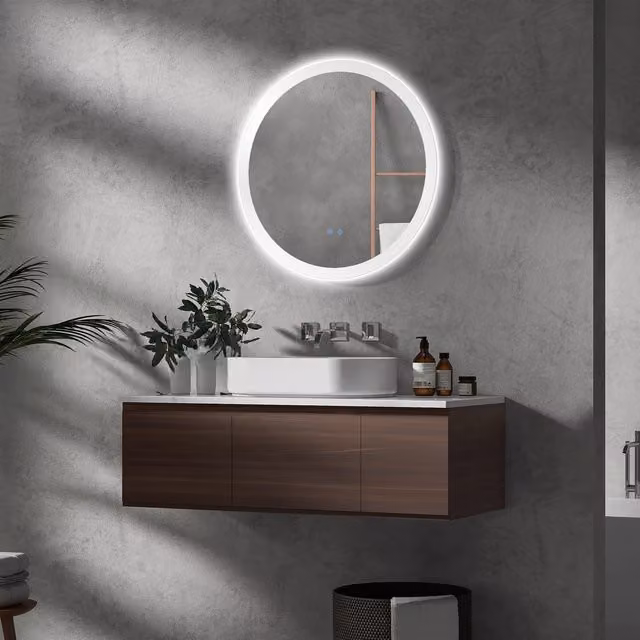 kleankin Round LED Bathroom Mirror with Dimmable Touch Switch in White and Silver
