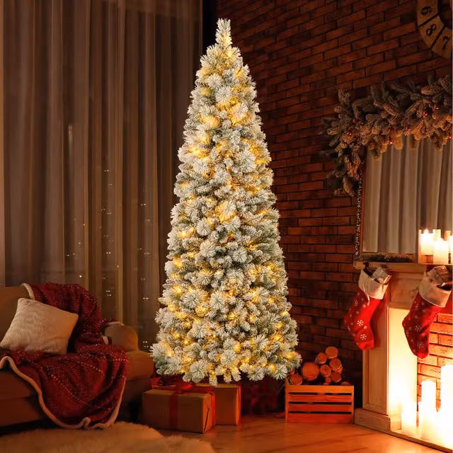 COSTWAY Pre-Lit Snow Flocked Christmas Tree with Warm White LED Lights in White