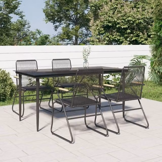 Berkfield Home 5 Piece Modern Garden Dining Set in Black PVC Rattan with Metal and Glass