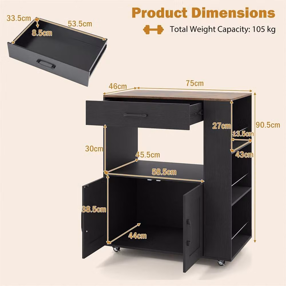 EONLION Rolling Kitchen Island with Large Drawer in Black Matt Wood – 2