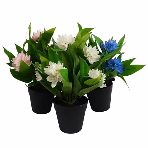 Leaf Artificial Freesia Flowering Potted Houseplant in Multicolour, Pink, Blue or White, Height: 18 cm