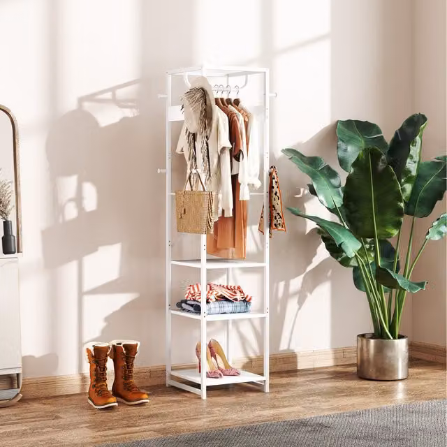 HOMCOM White Metal Clothes Rail with Storage Shelf and Dual Hooks