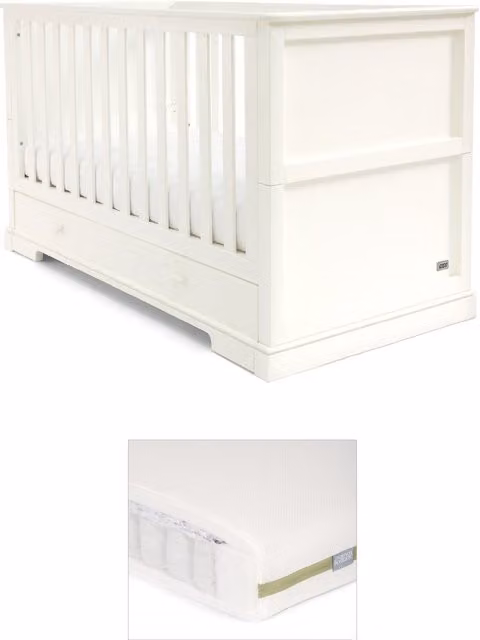 Mamas & Papas Oxford Cotbed with Drop Side and Premium Pocket Spring Mattress Bundle, White, W/D/H: 140 x 70 x 70 cm