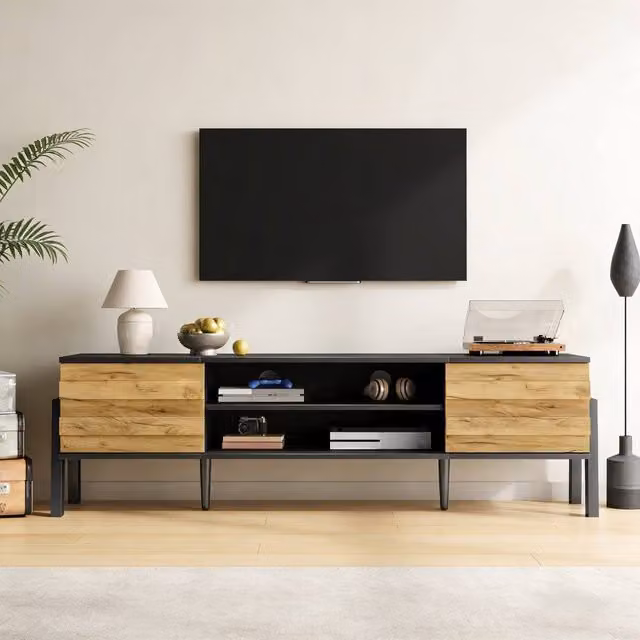 Merax Modern Black Low TV Stand with Soft-Close Cabinets, W: 175 cm, D: 53 cm, H: 53 cm