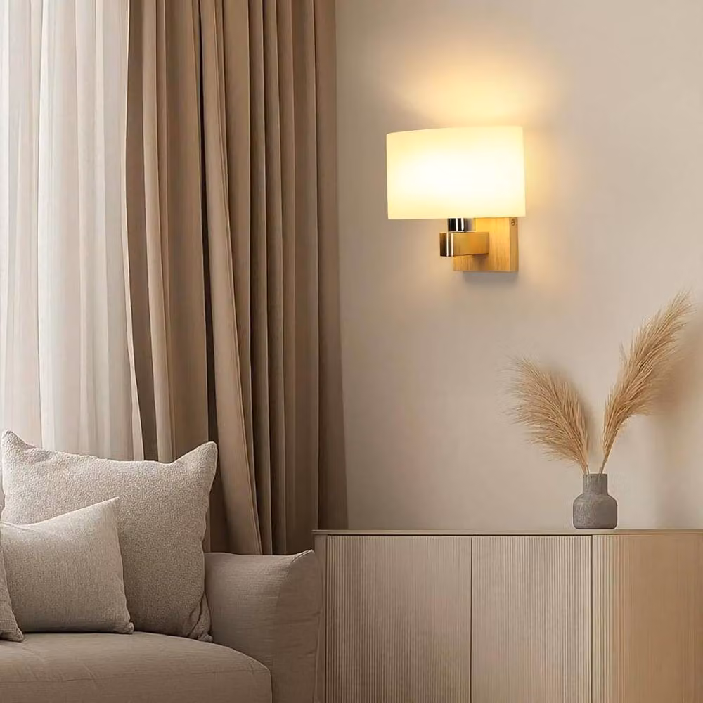 Goeco E27 Vintage Interior Wall Light with White Oval Glass and Wood Lampshade – 3