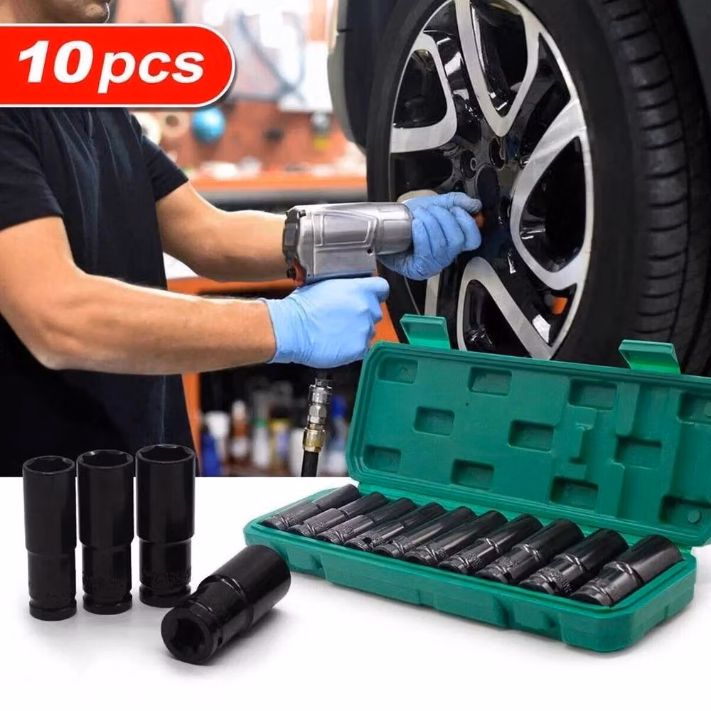 FLAVORA Thin Wall Long Reach Deep Impact Socket Set 1/2 inch Drive in Black – 6
