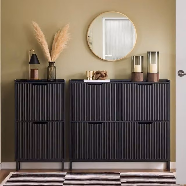SoBuy Slim Modern Black Matt Shoe Cabinet with Tilting Compartments and Internal Shelves – 1