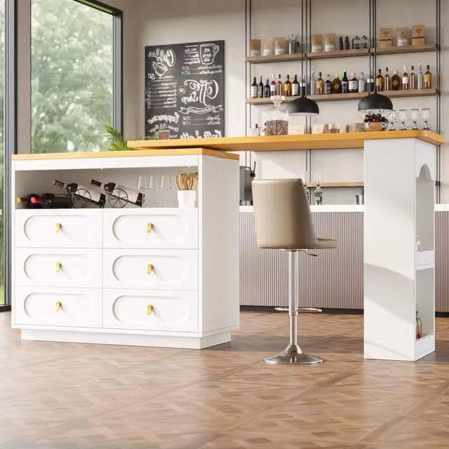 Aosom UK 360 Degree Rotating Kitchen Island Side Table with Double Spice Rack and 6 Drawers, White, W: 137 cm, D: 39 cm, H: 90 cm