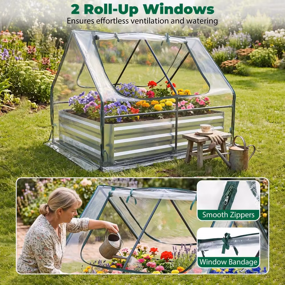 Costway Raised Garden Bed with Cover and 2 Windows, Galvanised Metal Planter Box in Silver – 3