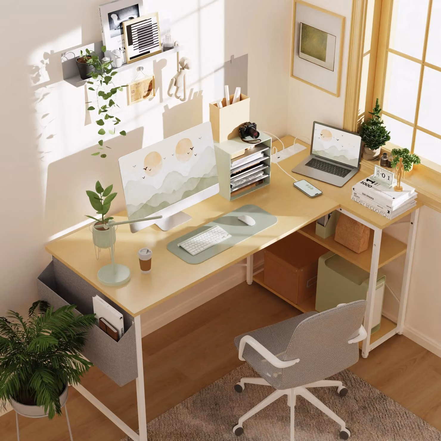 BEXEVUE L-Shaped Computer Gaming Desk with Power Outlets in Beige, W/D/H: 100 x 70 x 70 cm – 2
