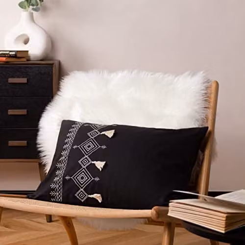 Pritta Black Bohemian Geometric Embroidered Cotton Tassel Trim Polyester Filled Rectangular Cushion W: 60 cm, H: 40 cm, D: 40 cm – 5