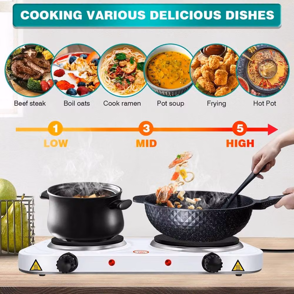 FLAVORA Double Hot Plate Portable Cooker with 5 Heat Levels in White – 3