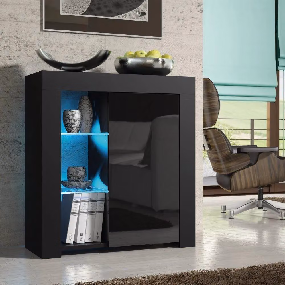 Mex Furniture LTD Modern Black Gloss Sideboard with Integrated LED Lighting, W/D/H: 83 x 35 x 75 cm – 2