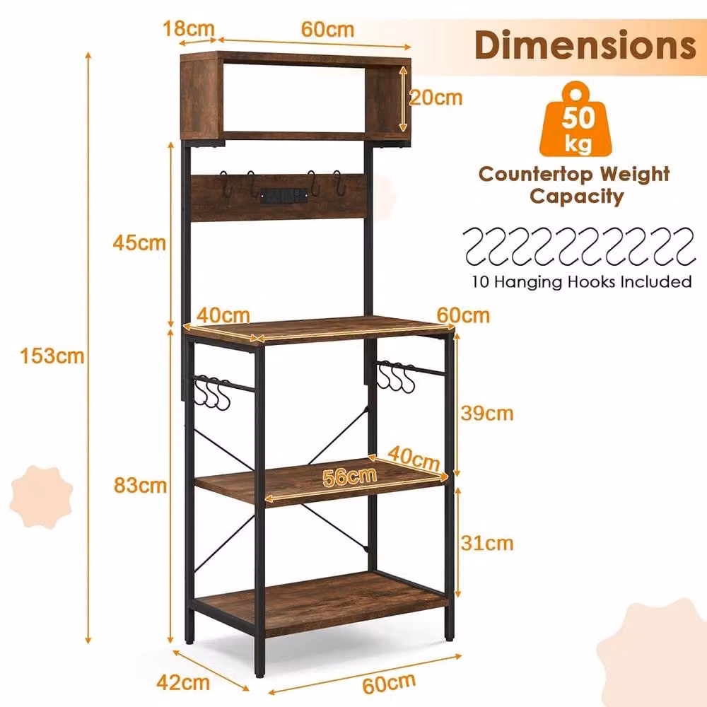 FORGEVIO Industrial Microwave Stand with Open Shelves and Hanging Rod, Brown, Height: 153 cm – 2