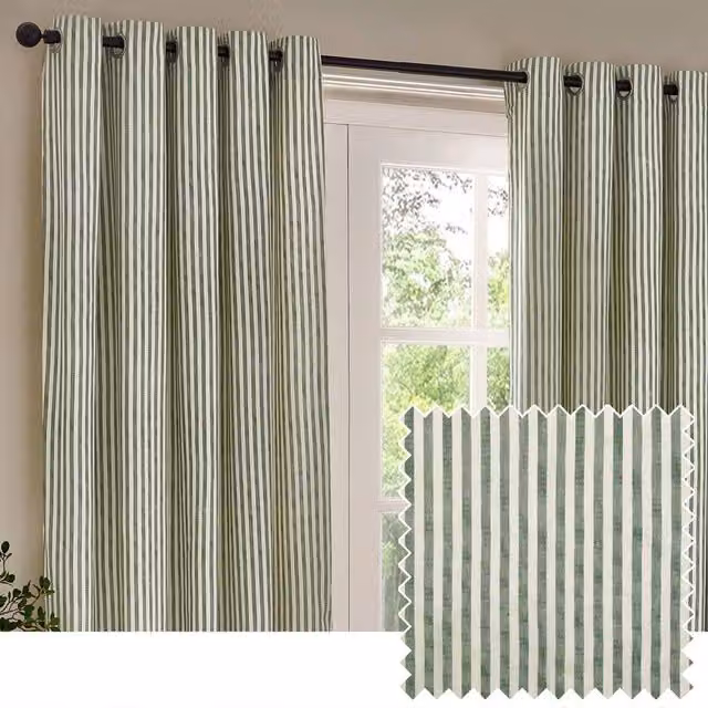 Yard Hebden Green Striped 100% Cotton Blackout Eyelet Curtain Pair, Width: 168 cm, Drop: 229 cm