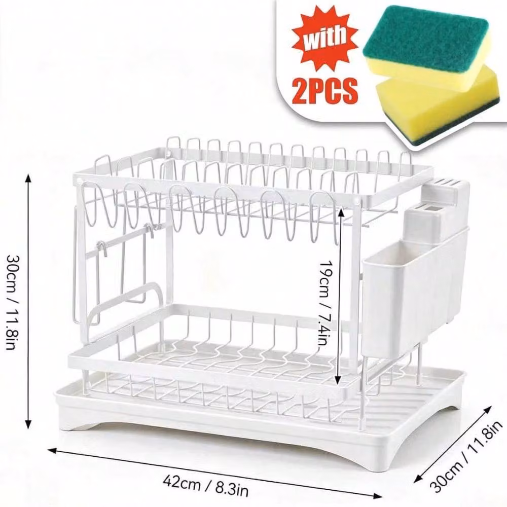 NESTLUNE White 2 Tier Metal Kitchen Sink Dish Drainer Rack, W: 100 cm, D: 15 cm, H: 30 cm – 2