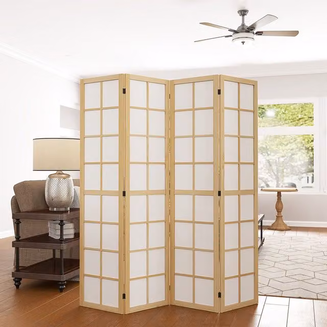 HOMCOM 4 Panel Folding Geometric Room Divider in Beige Pine Wood, W/H: 160 x 170 cm