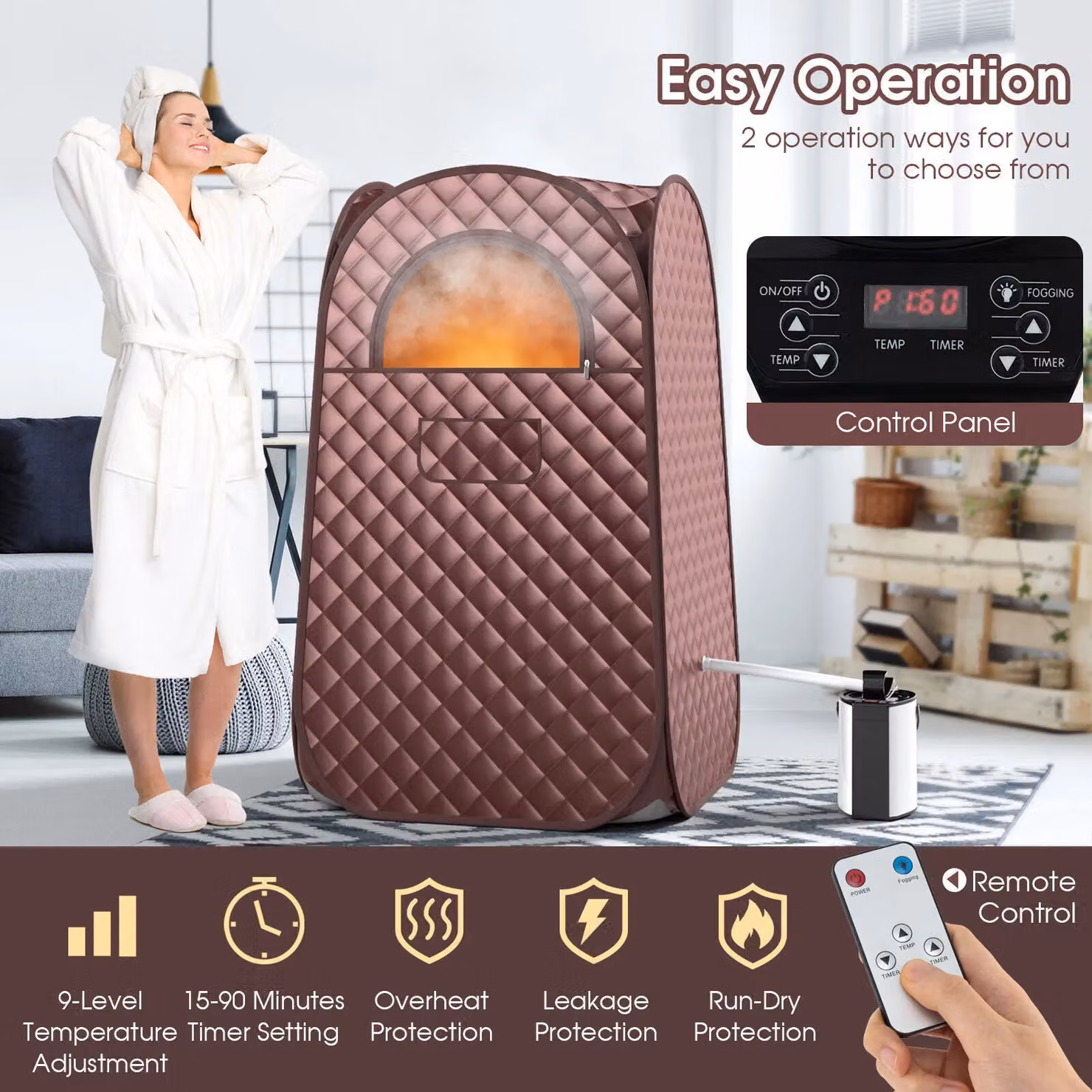 Costway Portable Full Body Steam Sauna Tent with 3L Steam Generator in Brown – 6