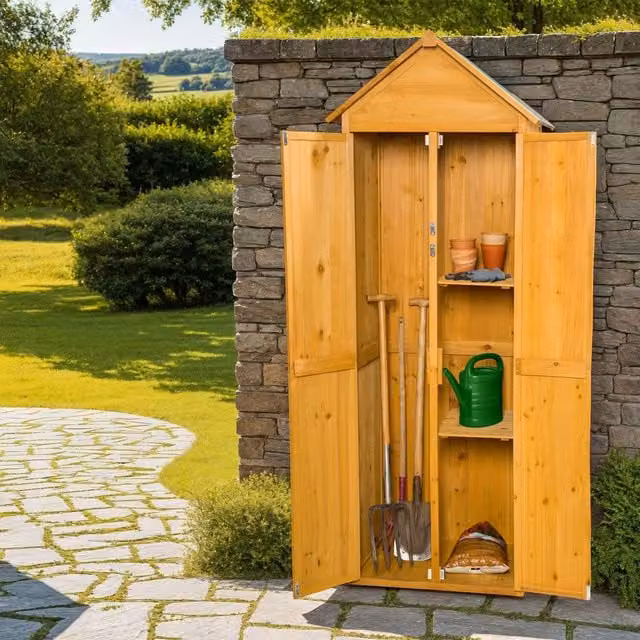 tectake Brown Wooden Garden Storage Shed with Gable Roof, Double Doors and Shelving