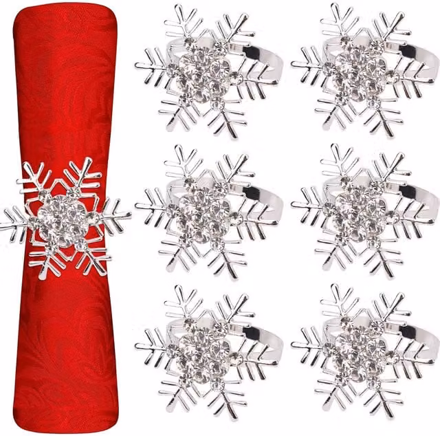 Neel Blue Gold Snowflakes Napkin Rings with Diamante Rhinestones, 6-Piece Silver Metal Set
