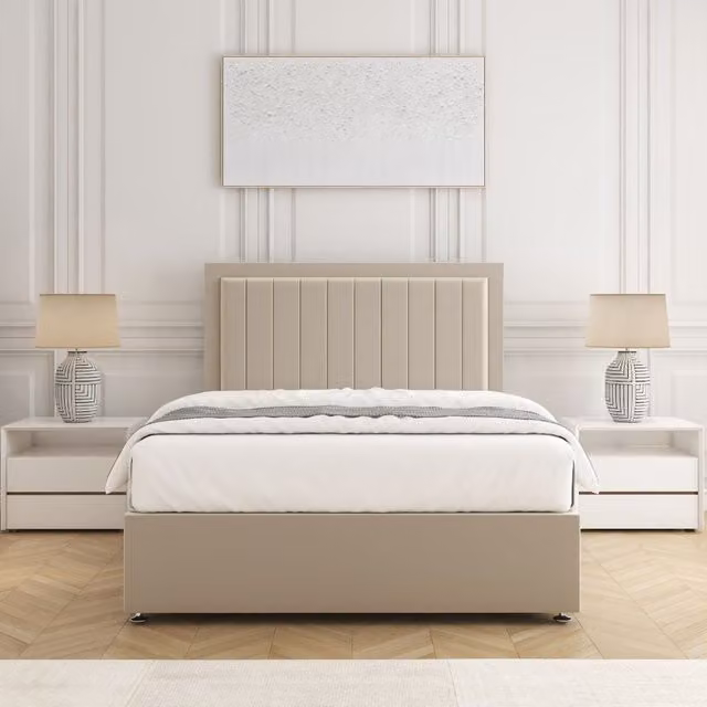 BSSPOKE Zarah Single Divan Bed Set with 24 inch Plush Velvet Headboard and Mattress in Beige, W/D/H: 90 x 190 cm