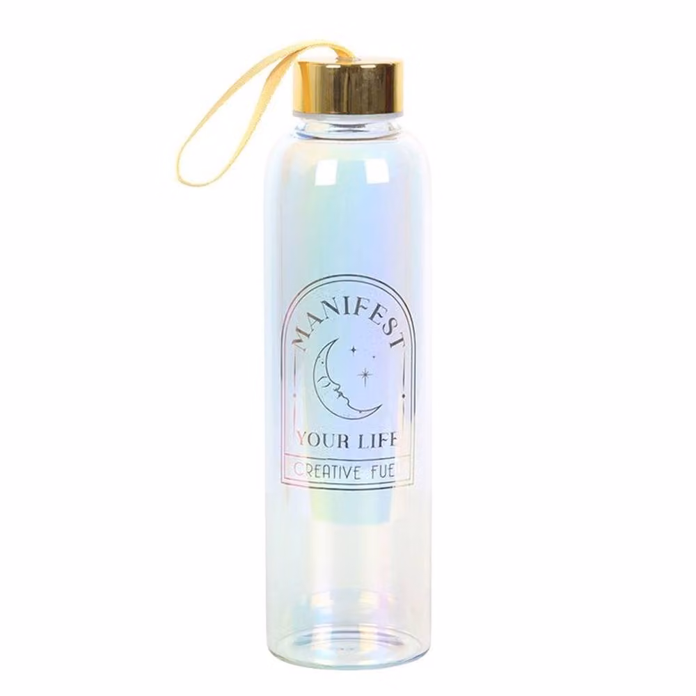 Uniqueful Manifest Your Life Iridescent Glass Water Bottle, Multicolour and Gold, 500ml – 3