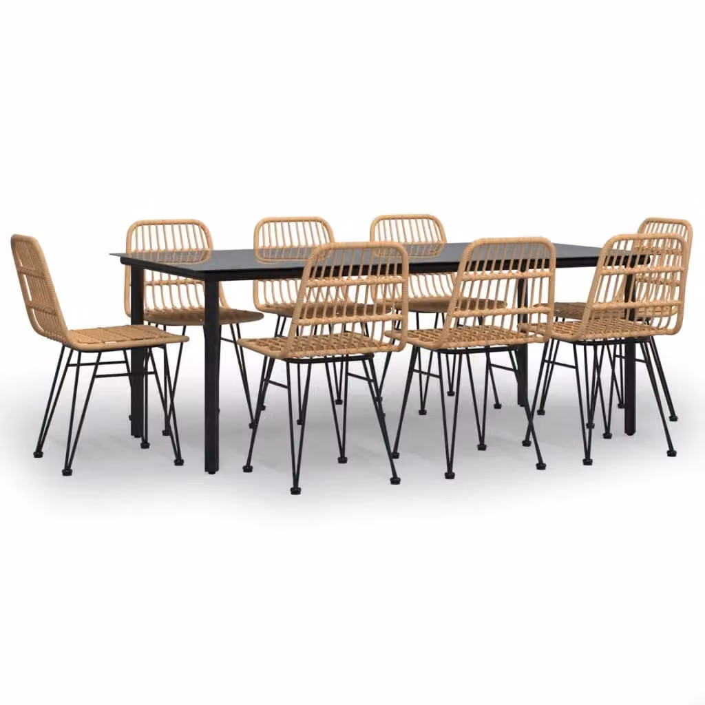 Berkfield Home 9 Piece Brown Poly Rattan Garden Dining Set with Glass Top and Powder Coated Steel Frame – 2