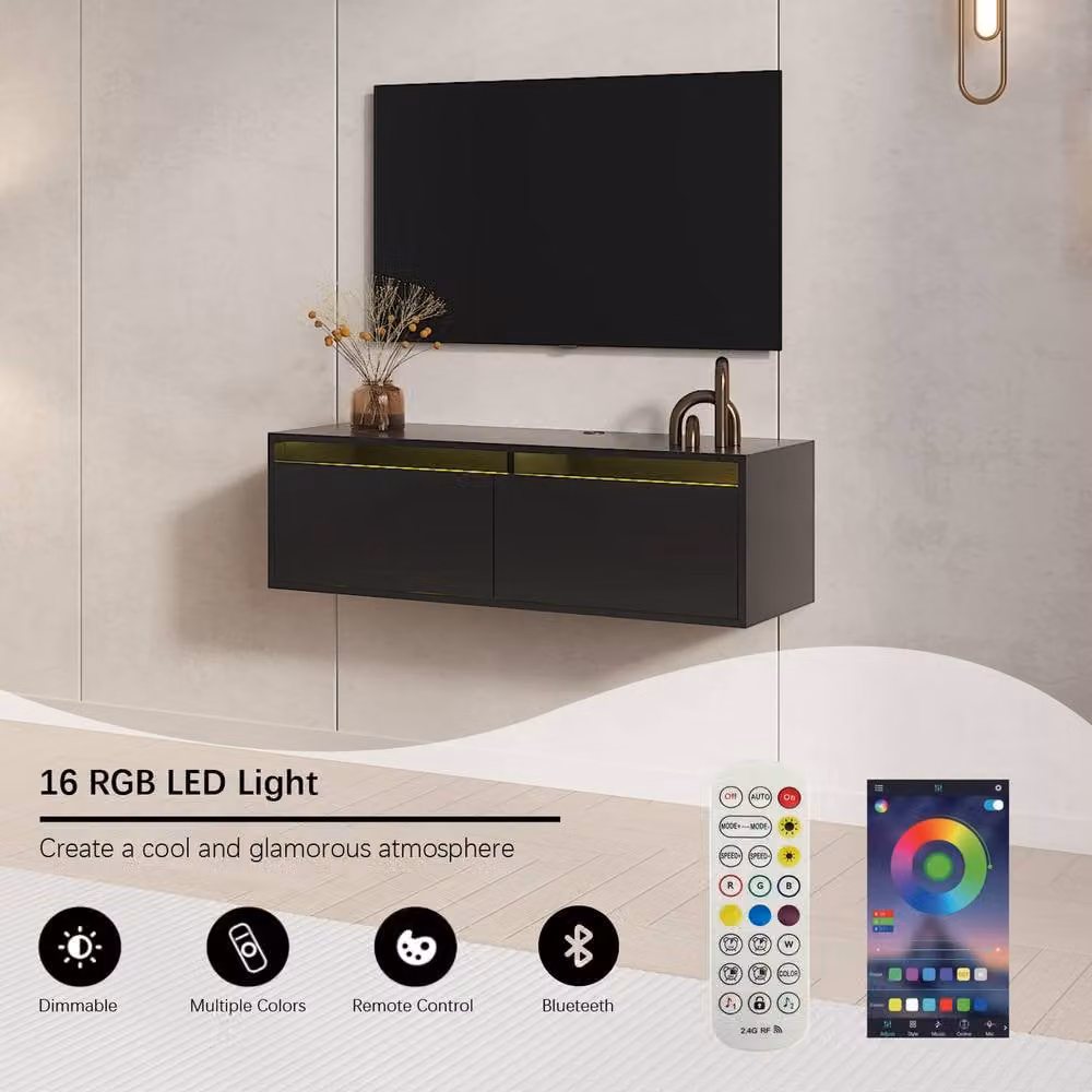 KEEPREAPER Modern Wall Mounted Floating TV Stand with Integrated LED Lights in Black – 3