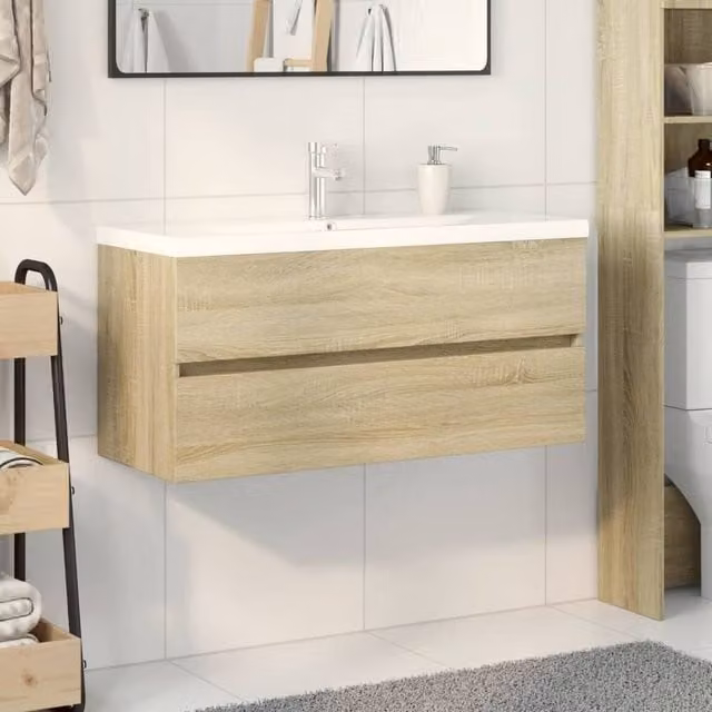 Berkfield Home 2 Piece Modern Wall Mounted Bathroom Furniture Set with White Ceramic Basin and Light Oak Engineered Wood W/D/H: 100 x 38.5 x 45 cm