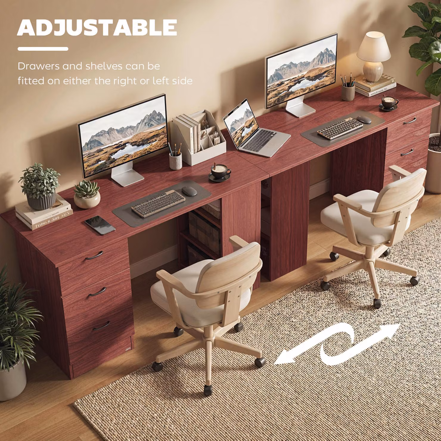 HOMCOM Computer Desk and Writing Table with 3 Storage Shelves and Drawers in Brown – 6