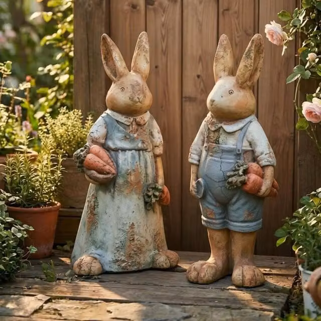 Wyld and Coco Set of 2 Multicolour Rabbit Garden Figurines