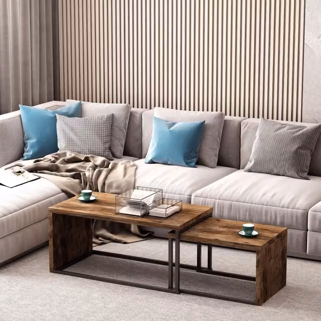 HOMCOM 2 Piece Industrial Style Coffee Table Set with Nested Tops in Brown