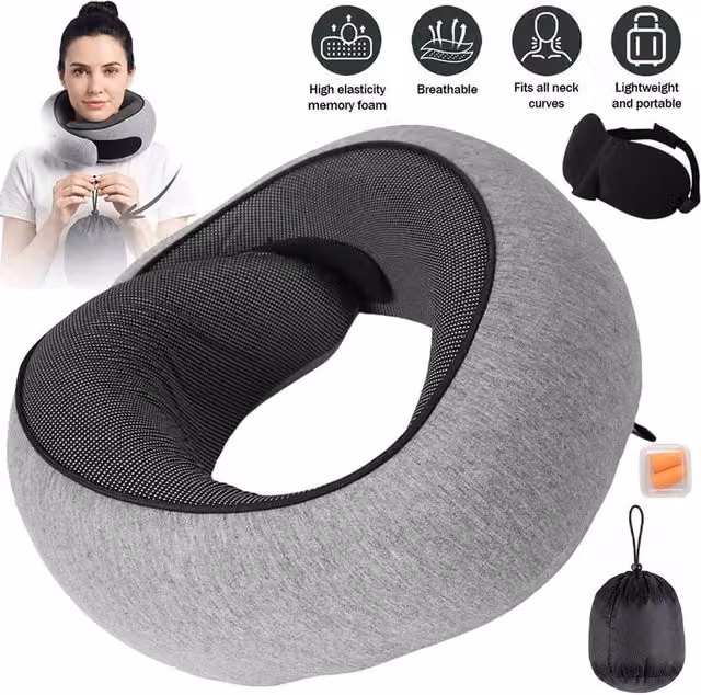 KORVIXA Grey U-Shaped Memory Foam Travel Neck Support Pillow