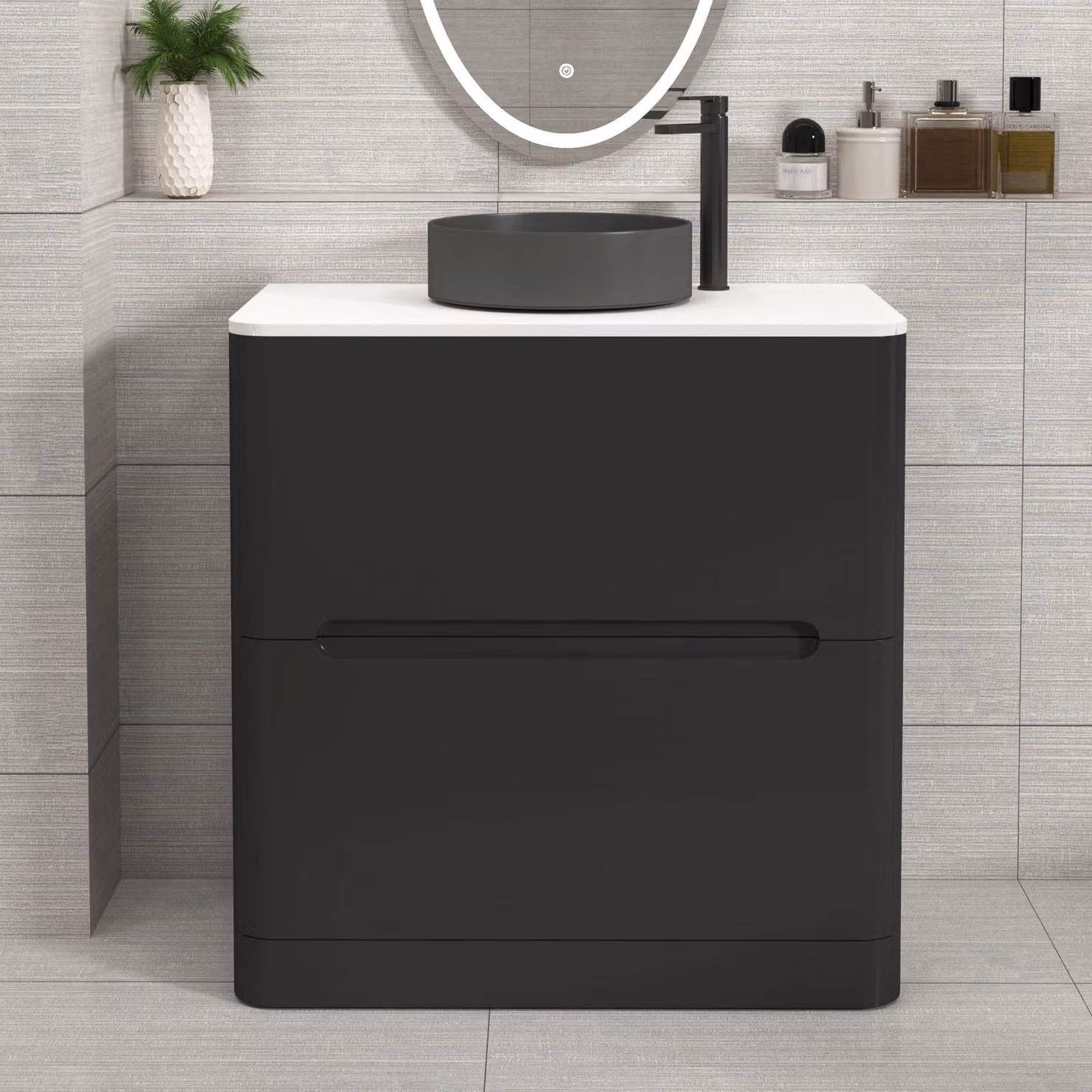Royal Bathrooms Venice 800mm Matt Nocturne Black Floor Standing 2 Drawer Vanity Unit with Plain White Worktop and Art Deco Round Basin